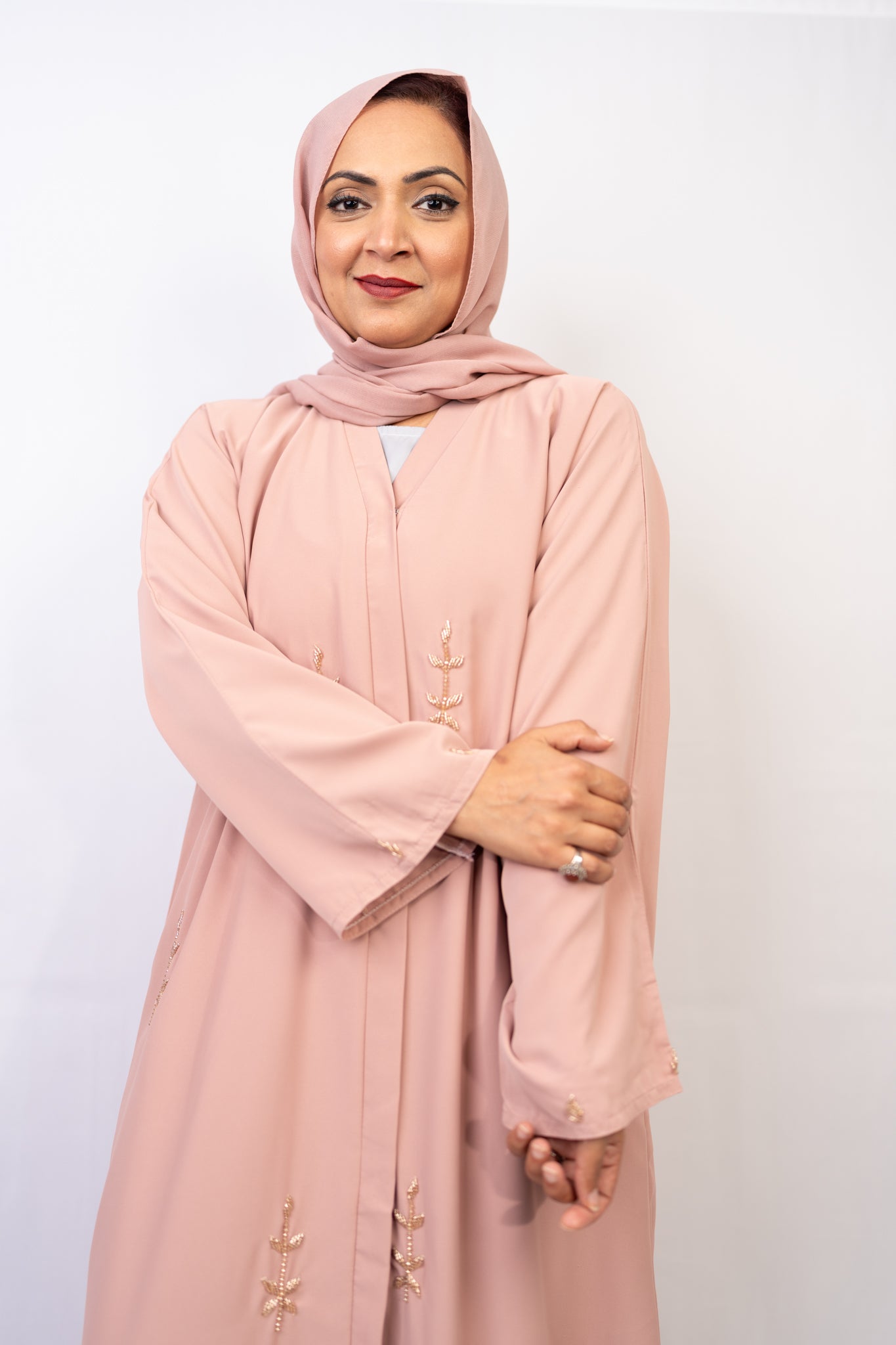 Blush Rose Leafy Embellished Abaya Set (3-Piece)