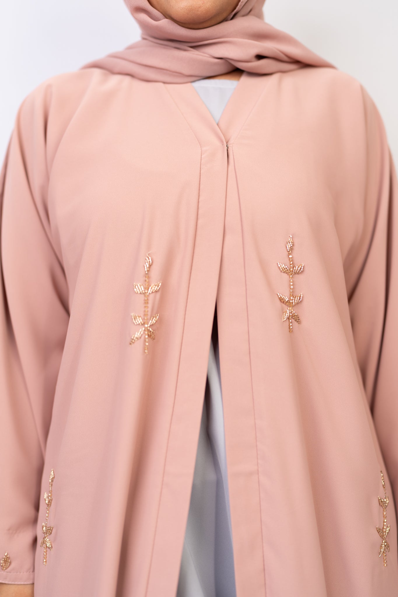 Blush Rose Leafy Embellished Abaya Set (3-Piece)