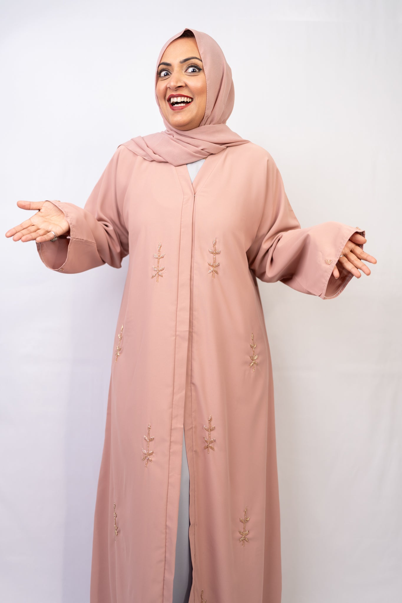 Blush Rose Leafy Embellished Abaya Set (3-Piece)
