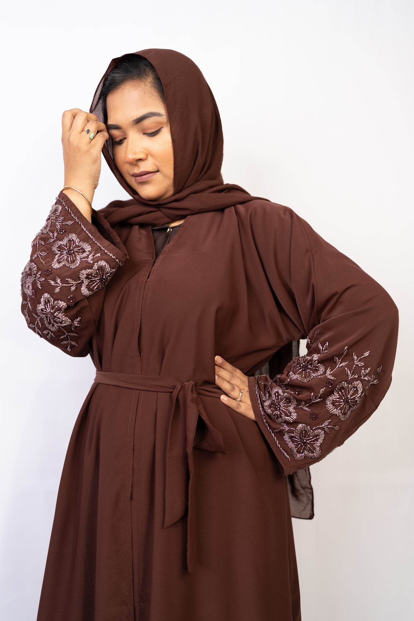 Dazzling Deep Brown Open-Front Abaya with Embroidered Sleeves & Belt