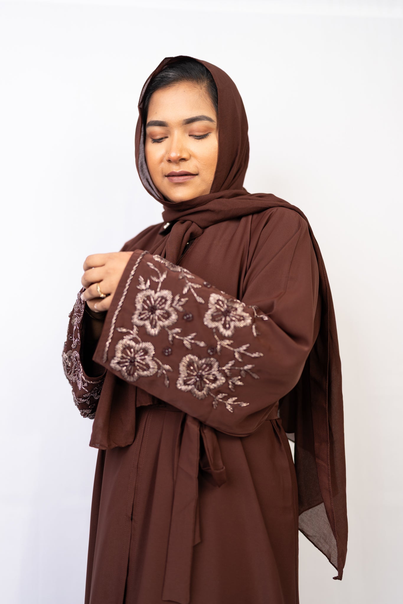 Dazzling Deep Brown Open-Front Abaya with Embroidered Sleeves & Belt