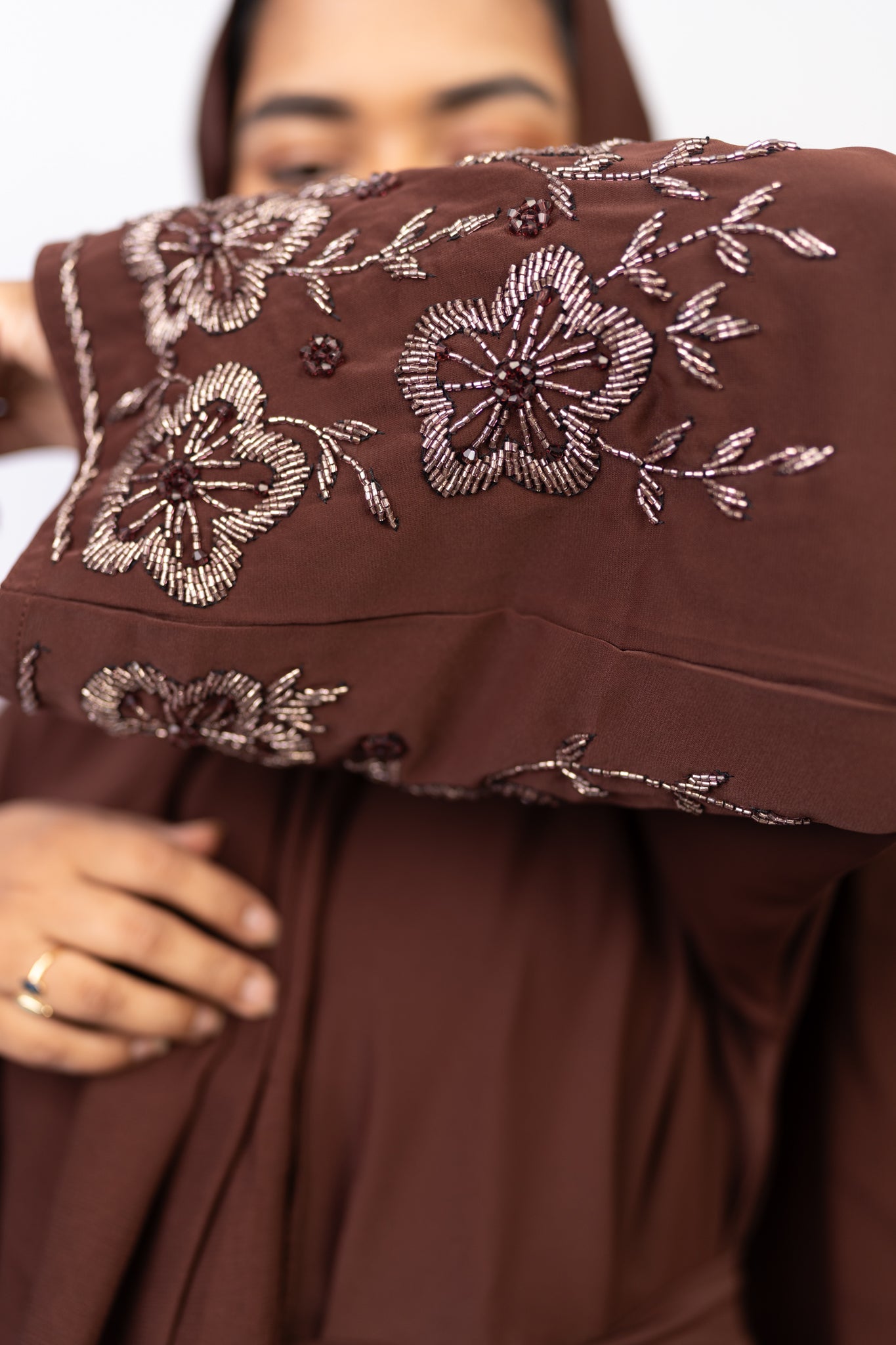 Dazzling Deep Brown Open-Front Abaya with Embroidered Sleeves & Belt