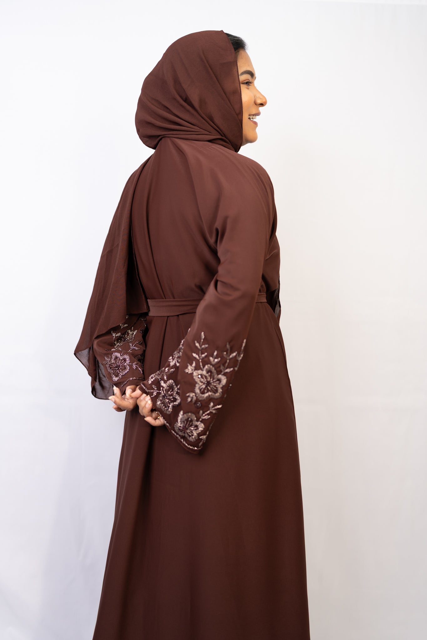 Dazzling Deep Brown Open-Front Abaya with Embroidered Sleeves & Belt