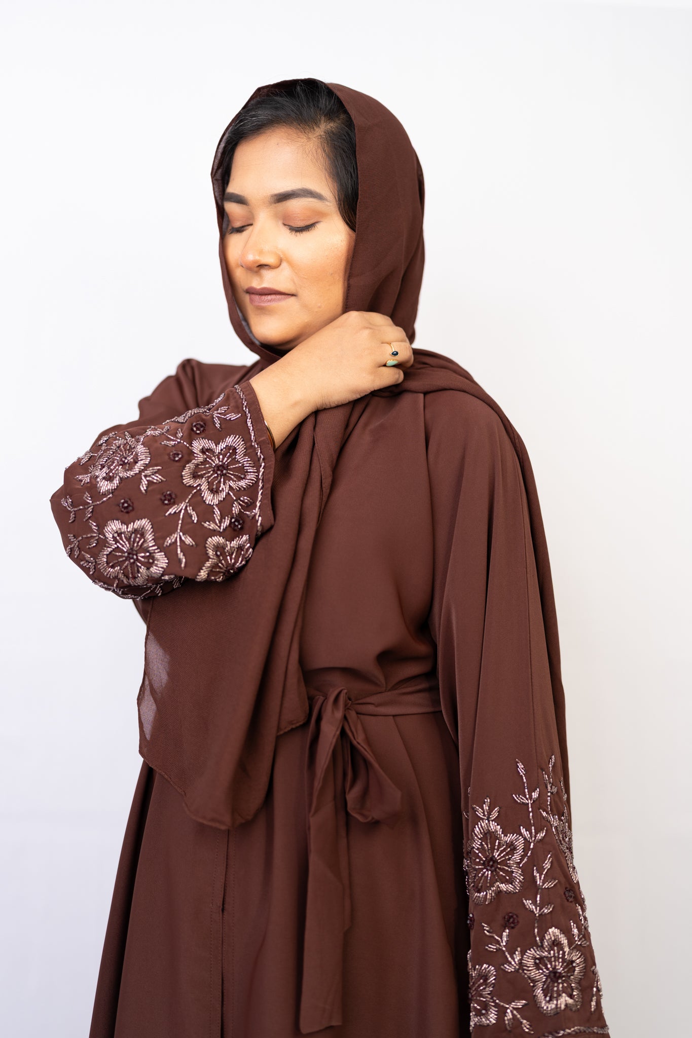 Dazzling Deep Brown Open-Front Abaya with Embroidered Sleeves & Belt