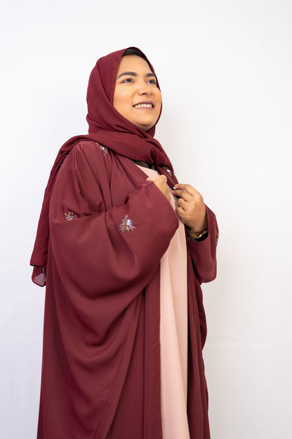 Maroon Sarah-Style Flowy Abaya Set (3-Piece)