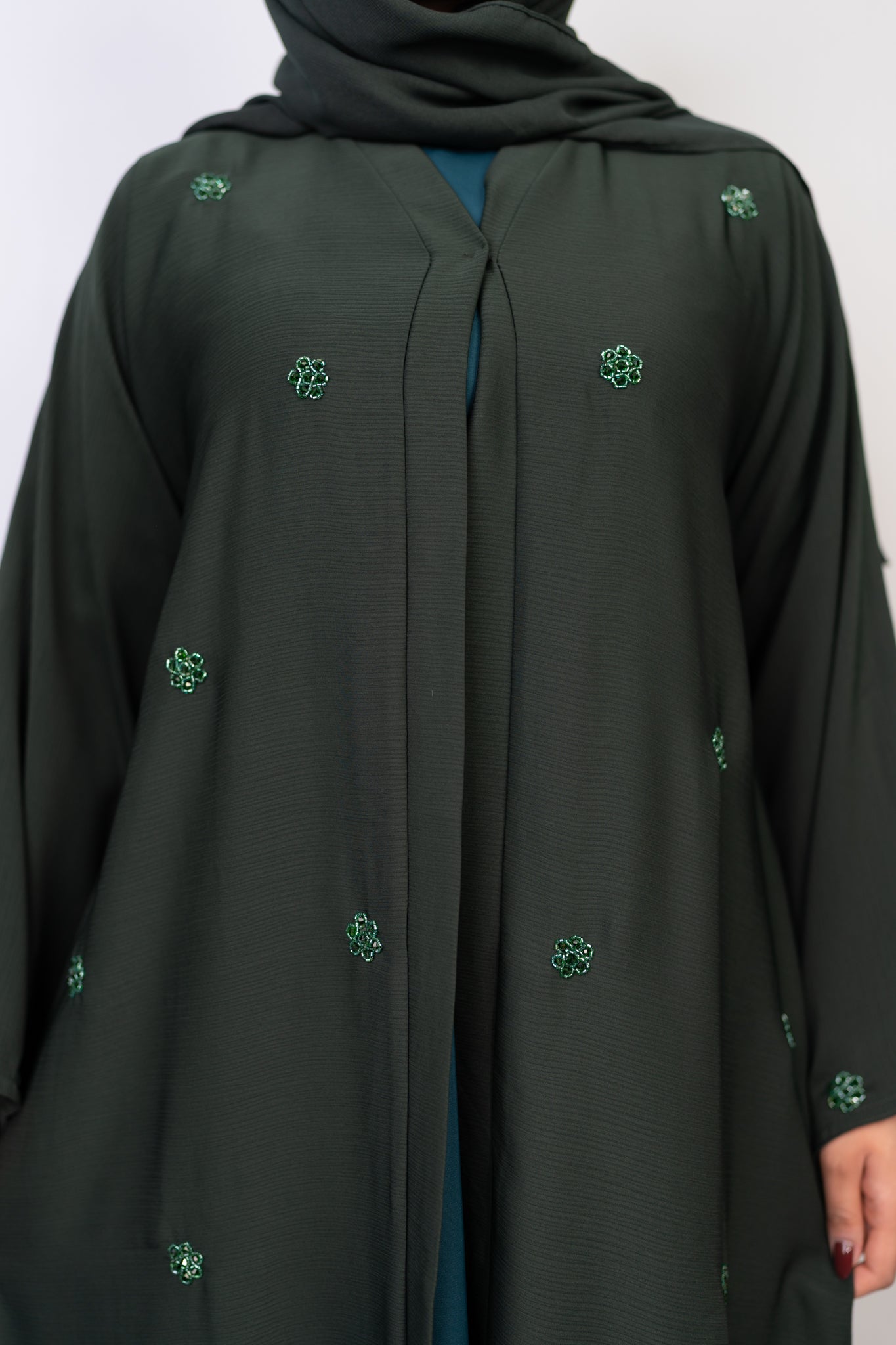 Emerald Forest Crystal-Strewed Abaya Set (3-Piece)