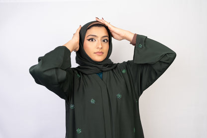 Emerald Forest Crystal-Strewed Abaya Set (3-Piece)