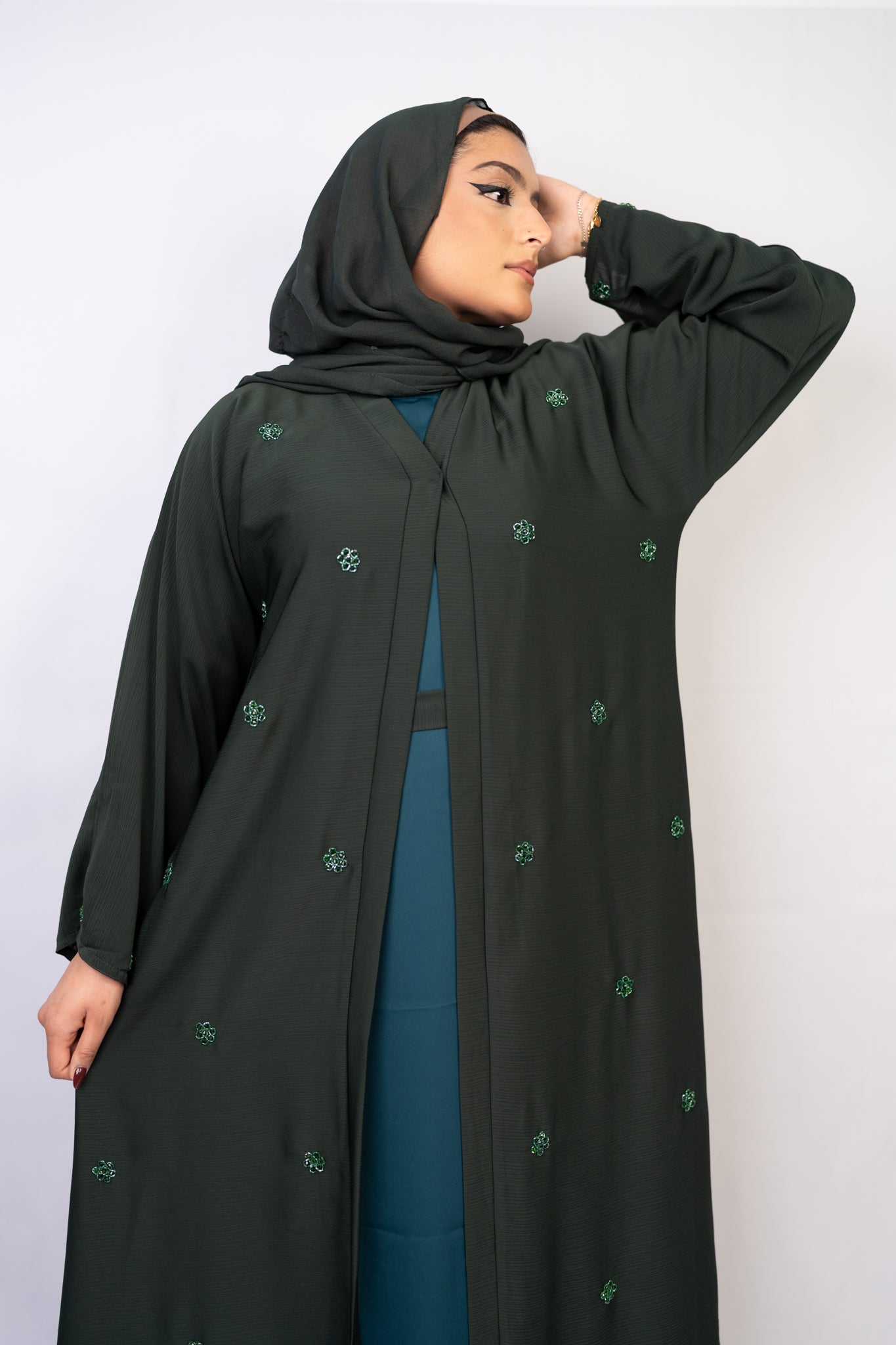 Emerald Forest Crystal-Strewed Abaya Set (3-Piece)