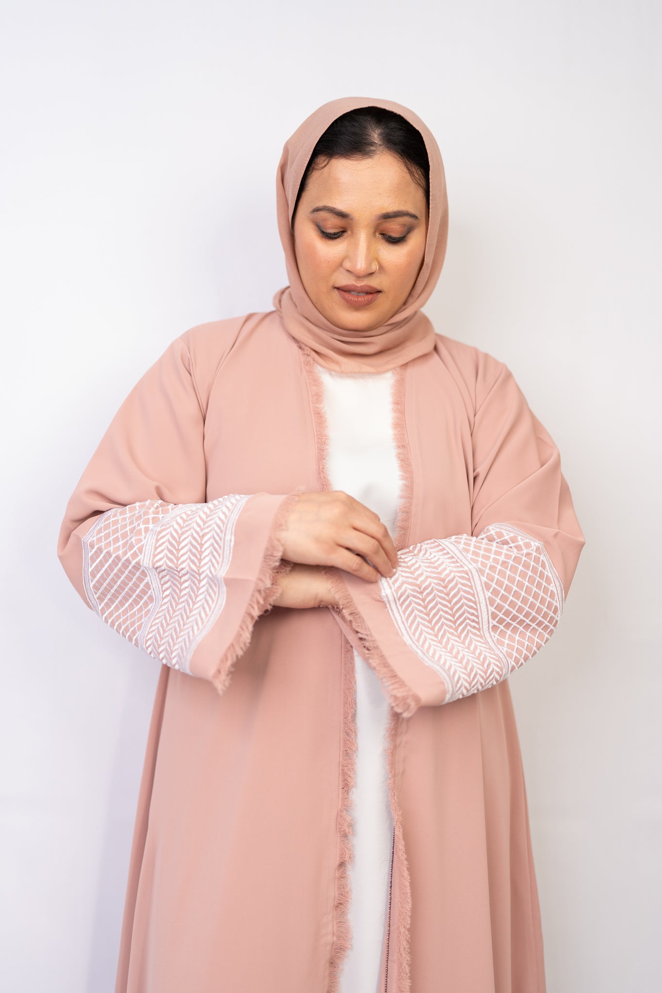 Beautiful Peachy Pink Open-Front Abaya with Fringe Detailing with Keffiyeh Embroidered
