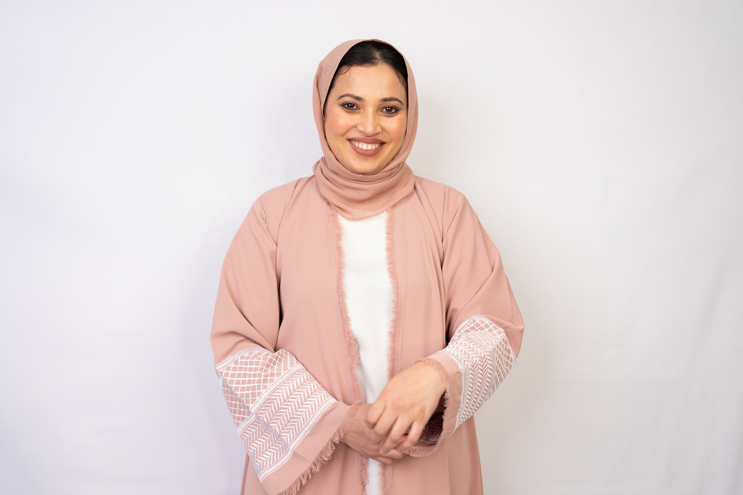 Beautiful Peachy Pink Open-Front Abaya with Fringe Detailing with Keffiyeh Embroidered