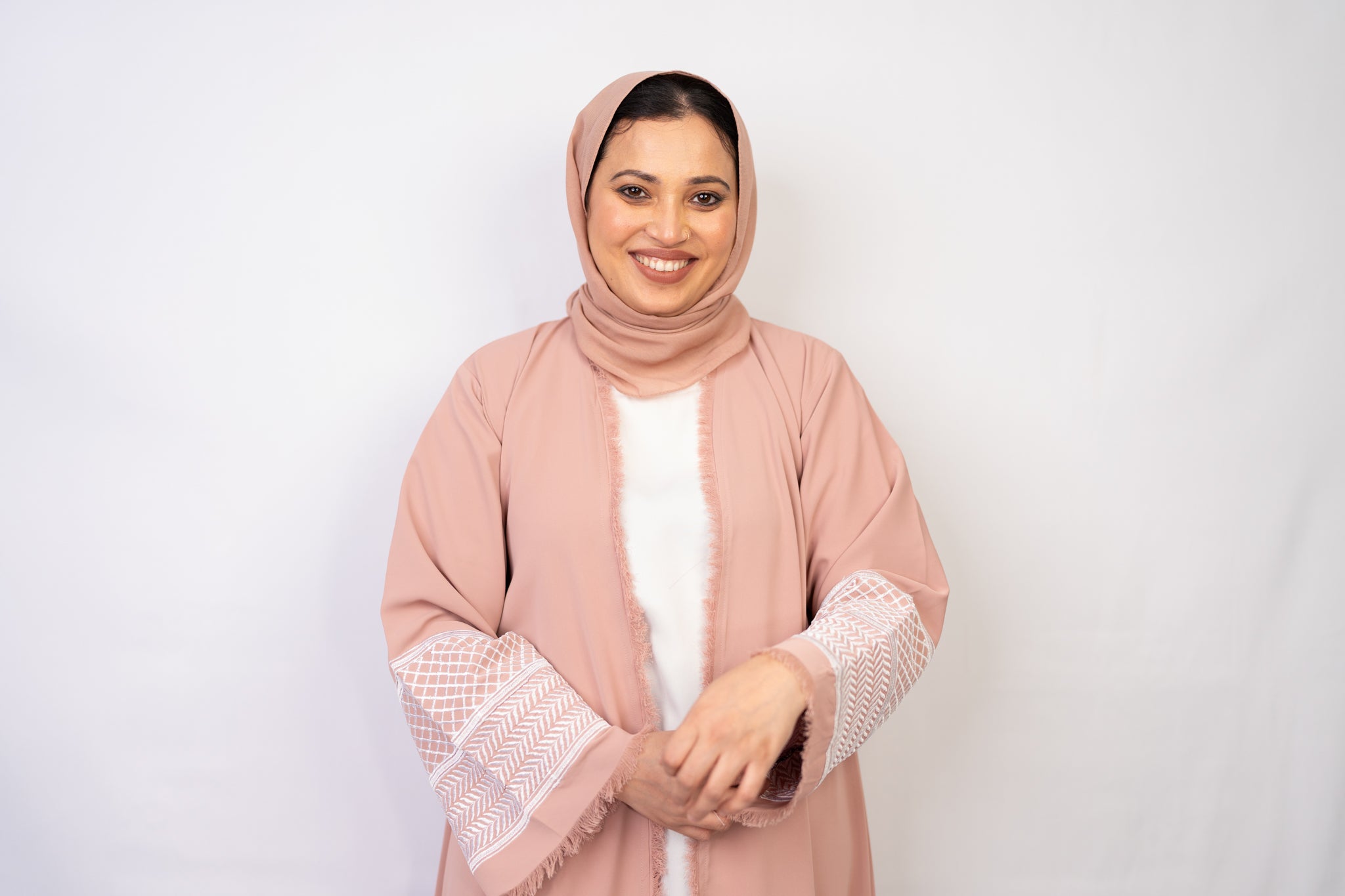 Beautiful Peachy Pink Open-Front Abaya with Fringe Detailing with Keffiyeh Embroidered