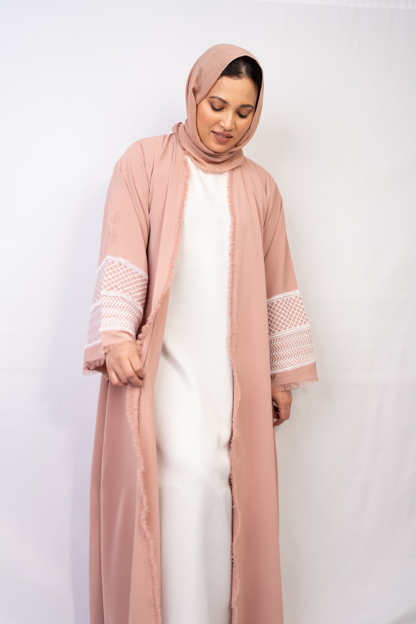Beautiful Peachy Pink Open-Front Abaya with Fringe Detailing with Keffiyeh Embroidered
