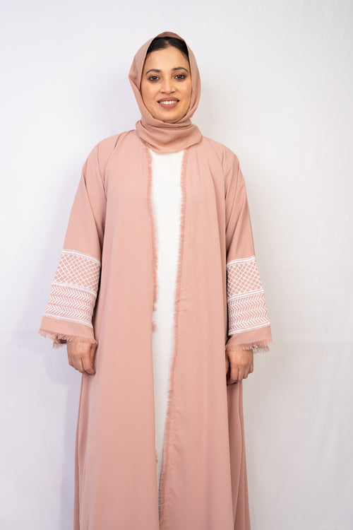 Beautiful Peachy Pink Open-Front Abaya with Fringe Detailing with Keffiyeh Embroidered
