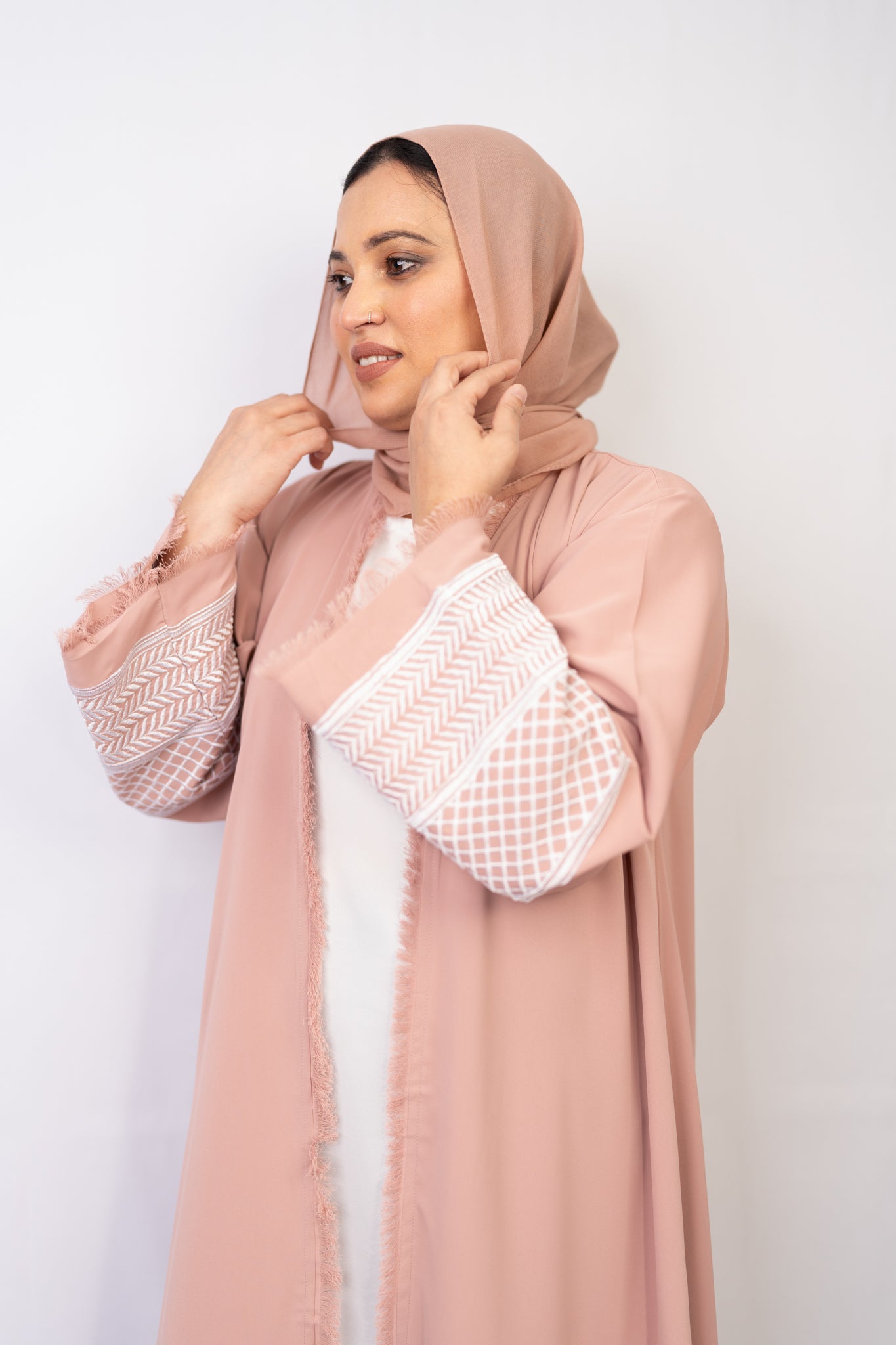Beautiful Peachy Pink Open-Front Abaya with Fringe Detailing with Keffiyeh Embroidered