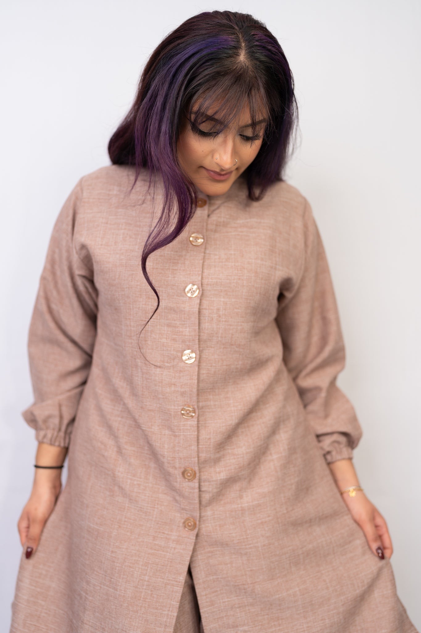 Nude Beige Button Down Two-Piece Set