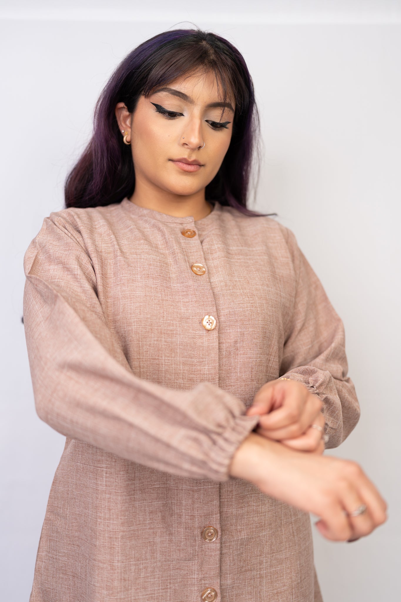 Nude Beige Button Down Two-Piece Set