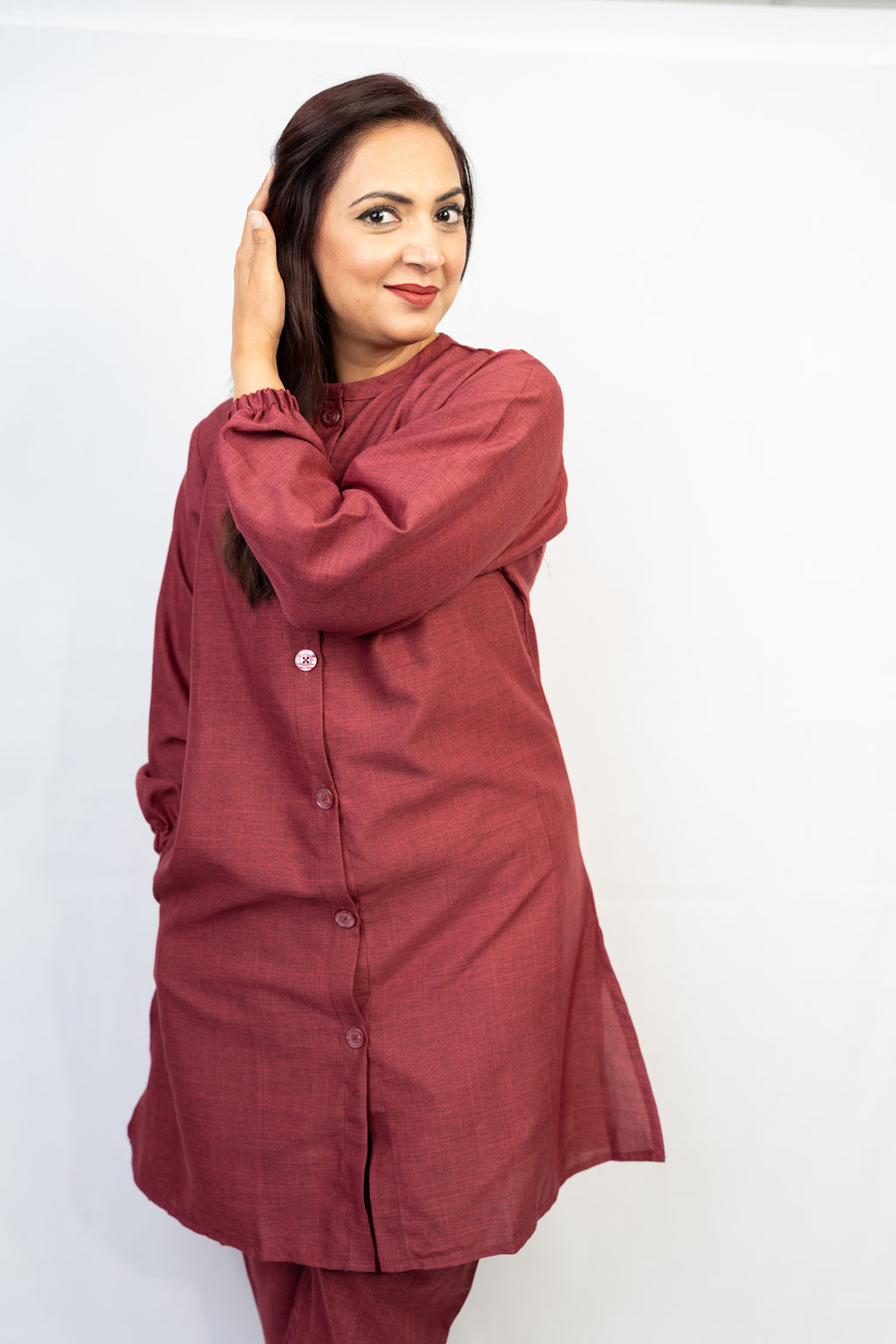 Red-maroon Button Down Two-Piece Set