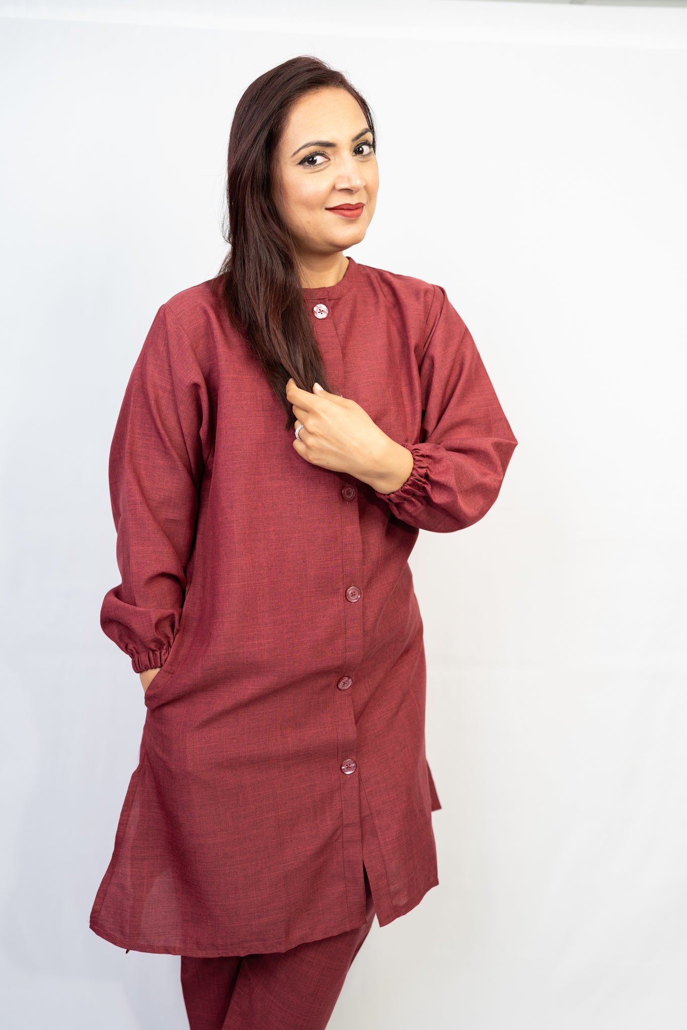 Red-maroon Button Down Two-Piece Set