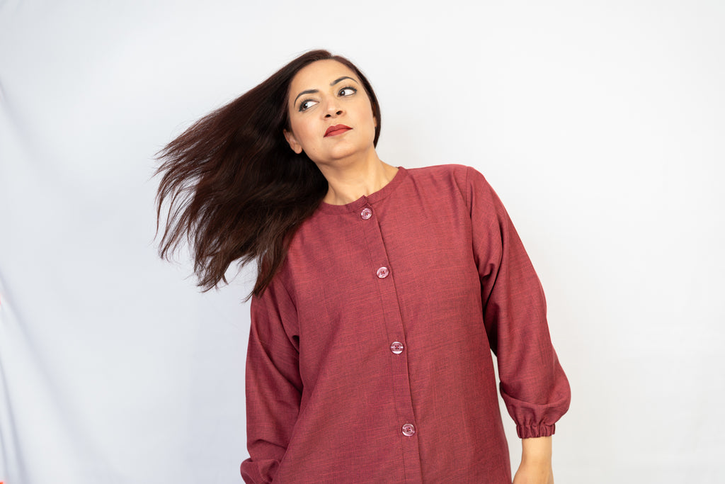 Red-maroon Button Down Two-Piece Set