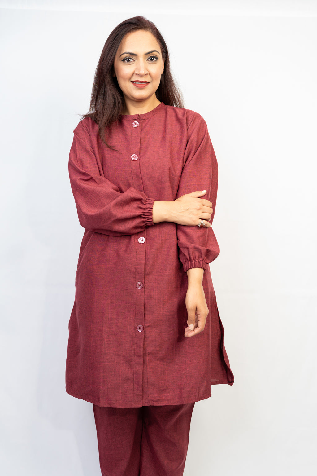 Red-maroon Button Down Two-Piece Set