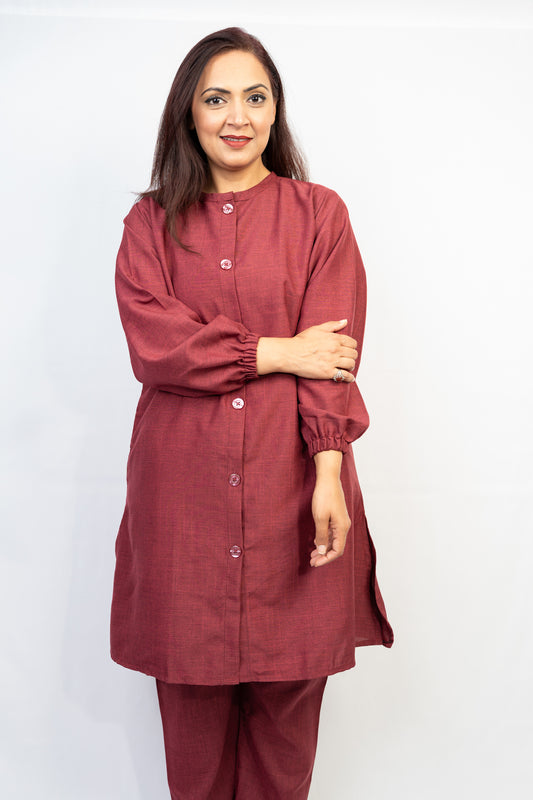 Red-maroon Button Down Two-Piece Set