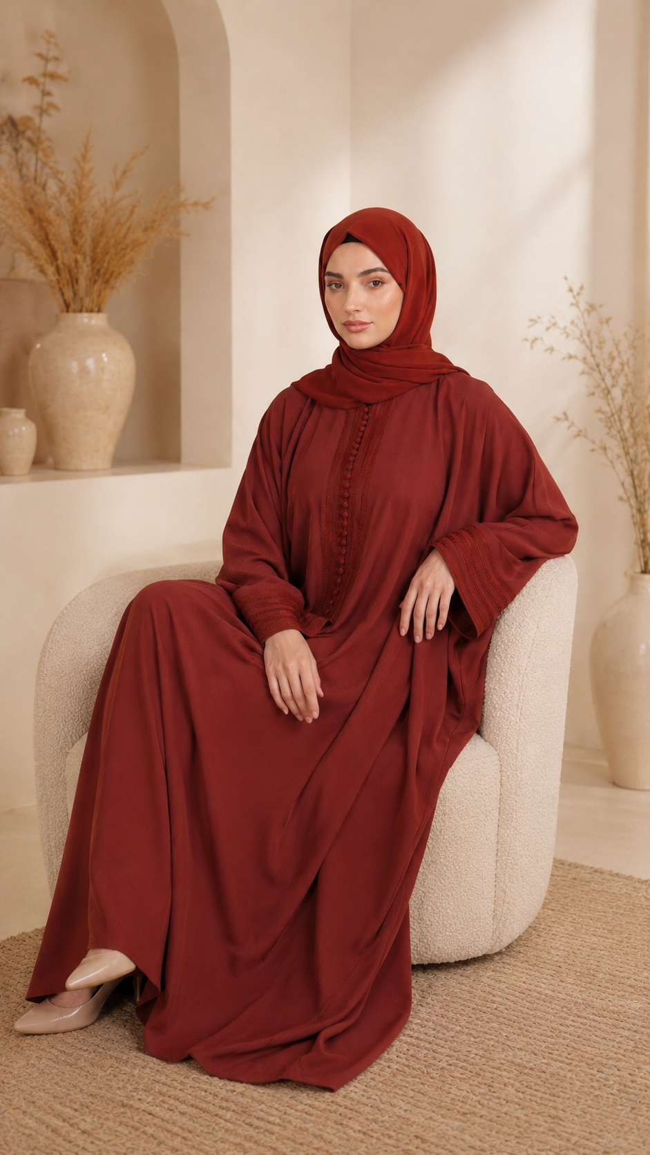 Terracotta Wine Moroccan Kaftan Style Abaya Dress in Poka Fabric