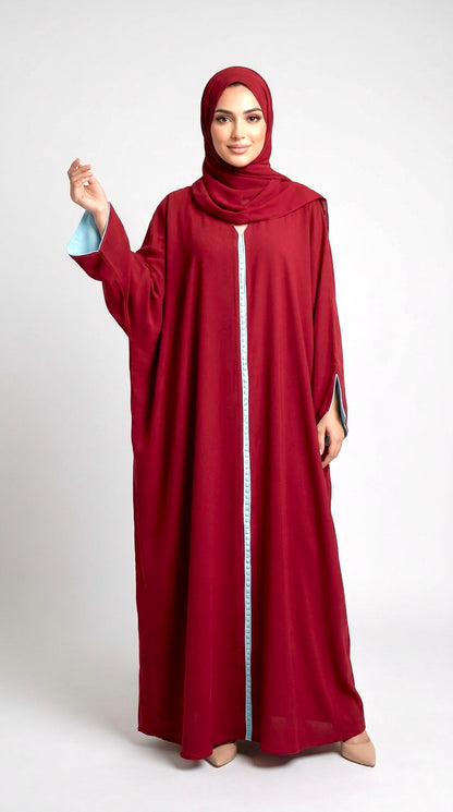 Red Maroon Moroccan Kaftan Style Abaya Drress with Sky Blue Lining in Poka Fabric