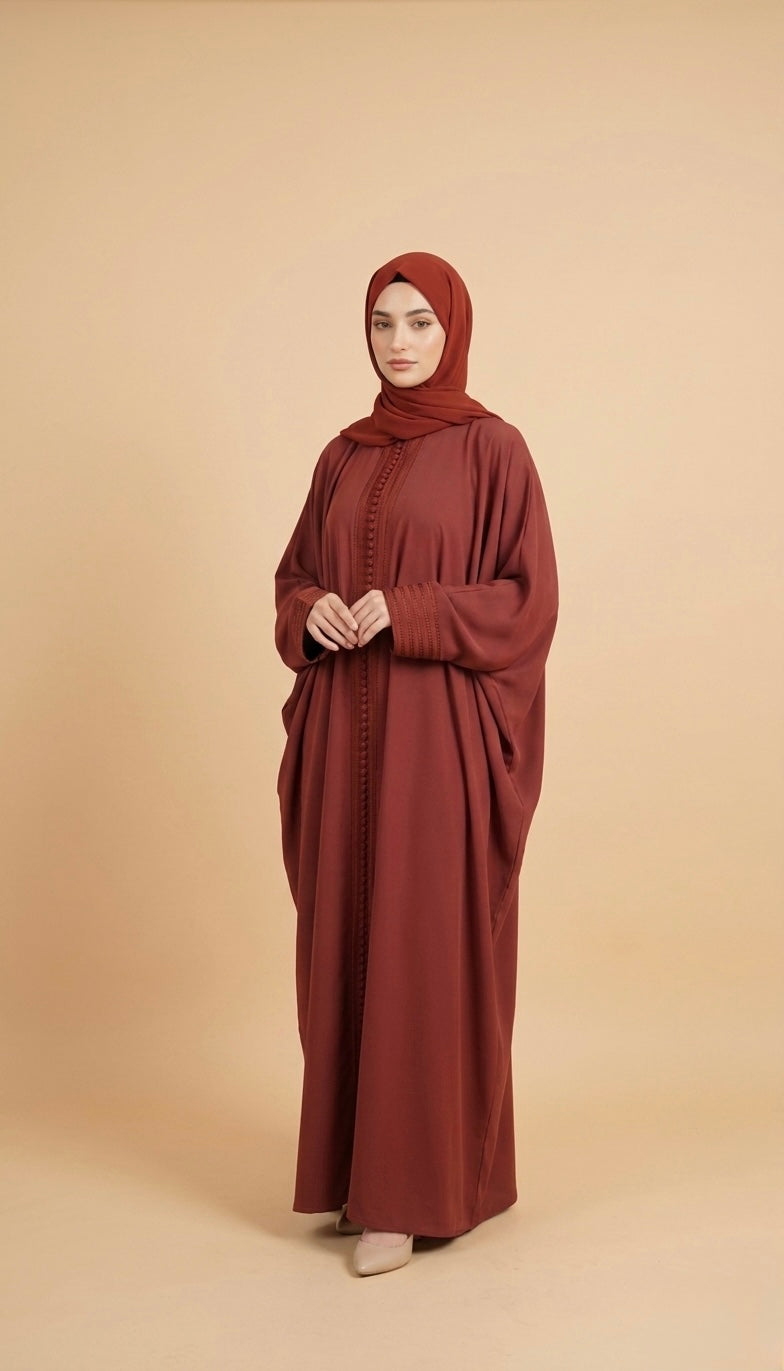Terracotta Wine Moroccan Kaftan Style Abaya Dress in Poka Fabric