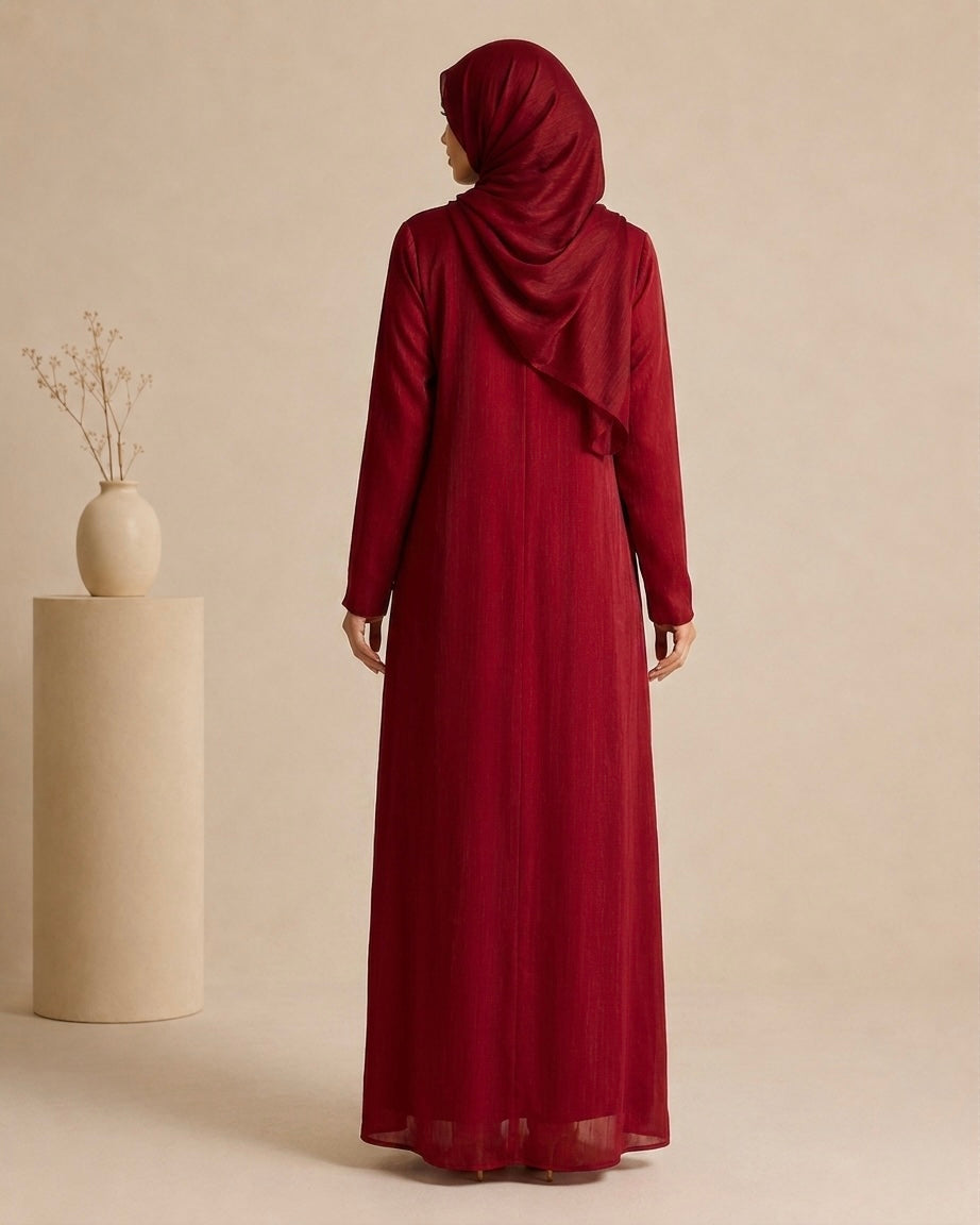 Deep Burgundy Organza Abaya with Fully Lined Nidha Fabric Inner