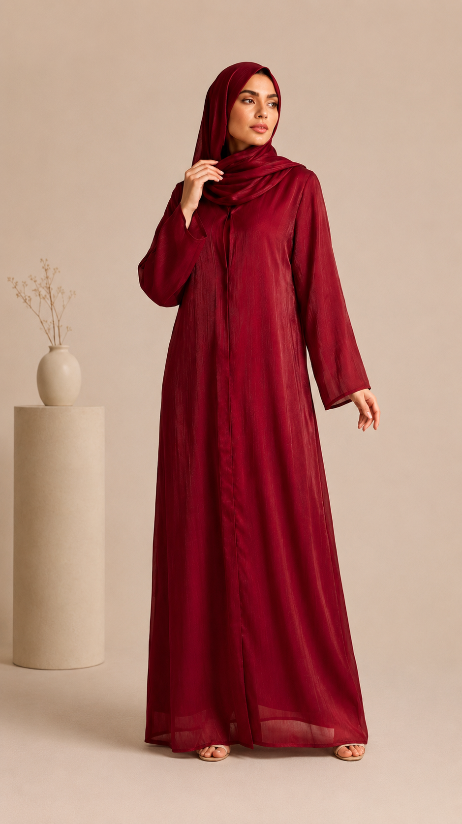 Deep Burgundy Organza Abaya with Fully Lined Nidha Fabric Inner