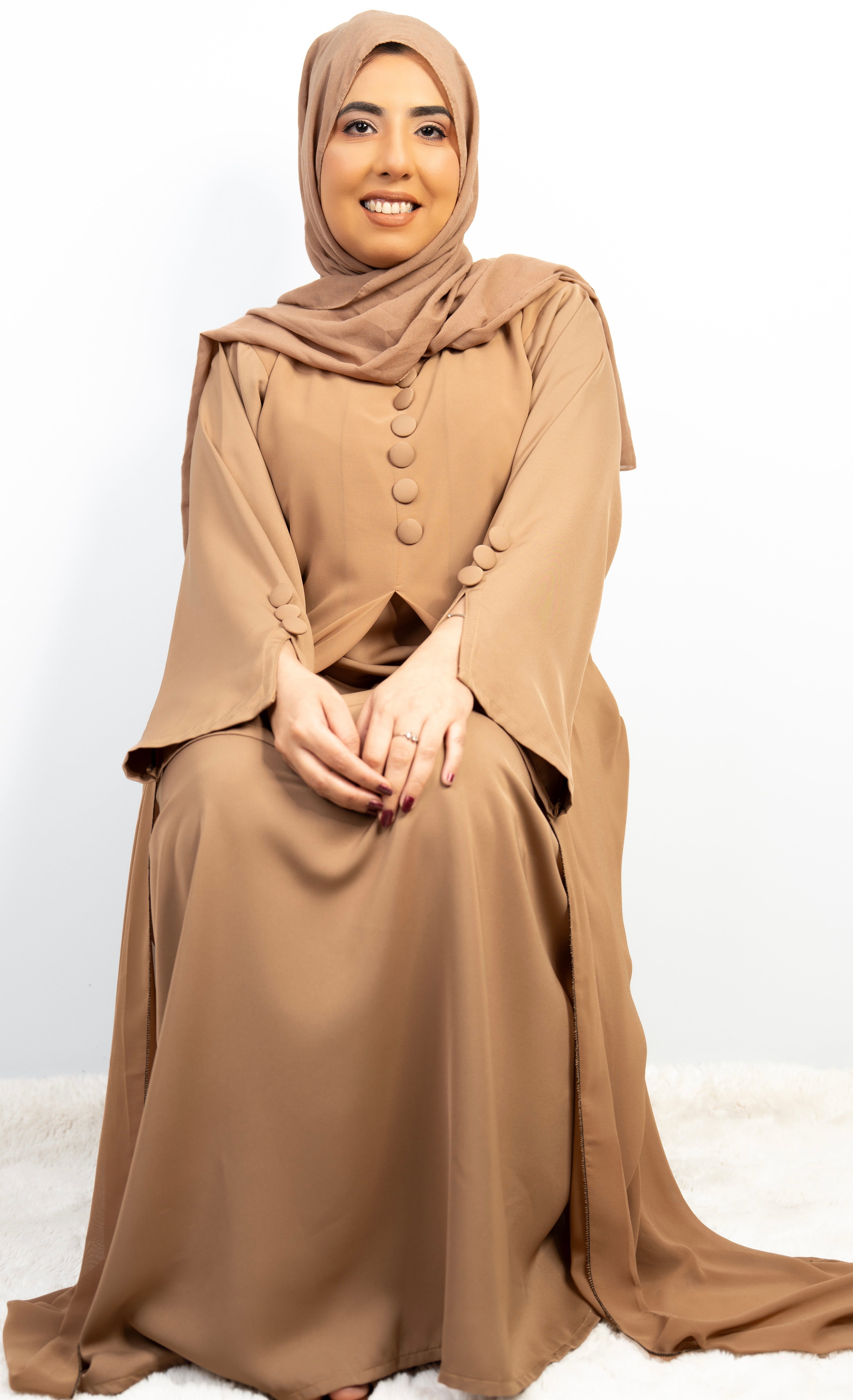 Tan Double Layer Large Button Abaya