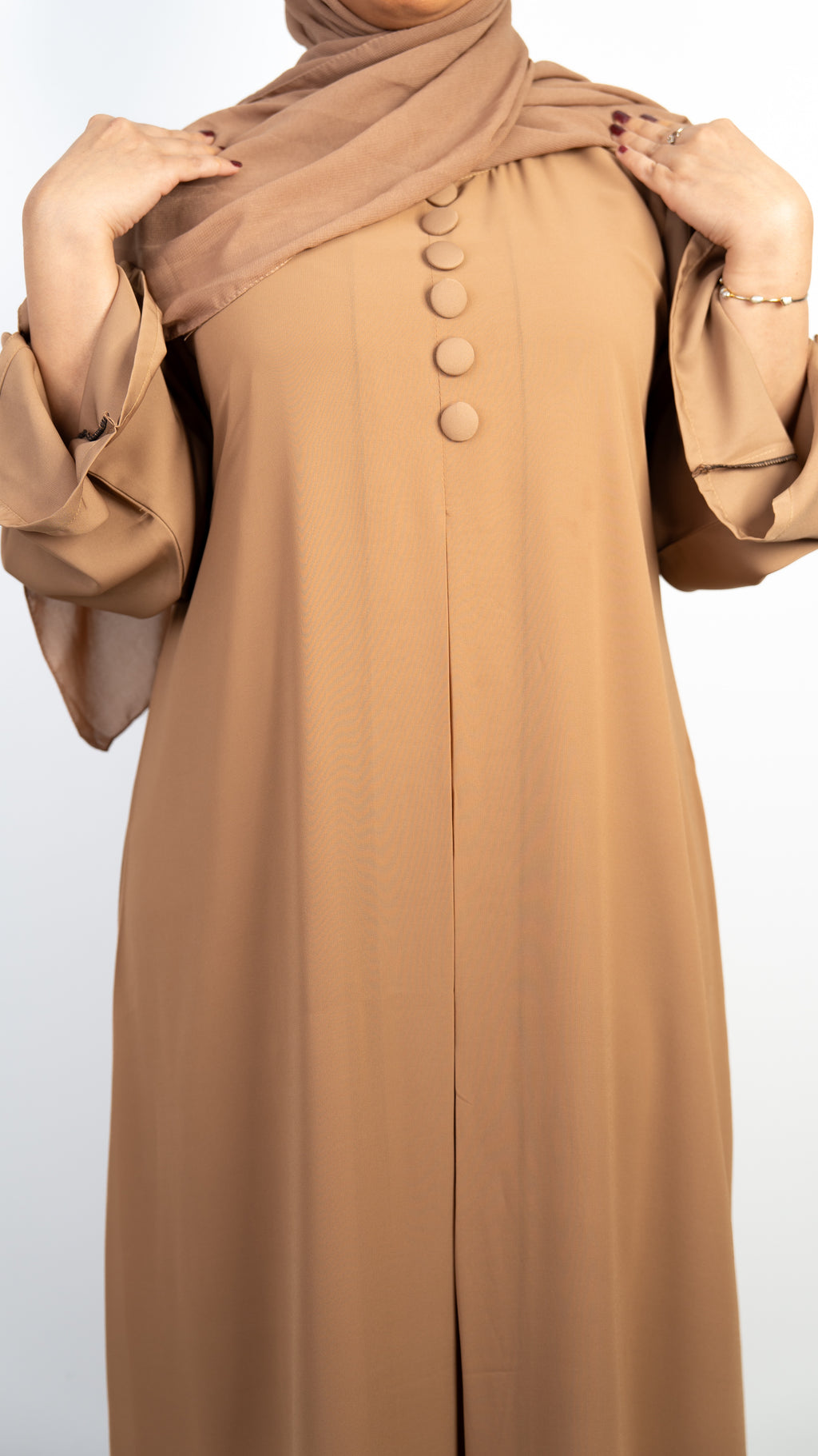 Tan Double Layer Large Button Abaya