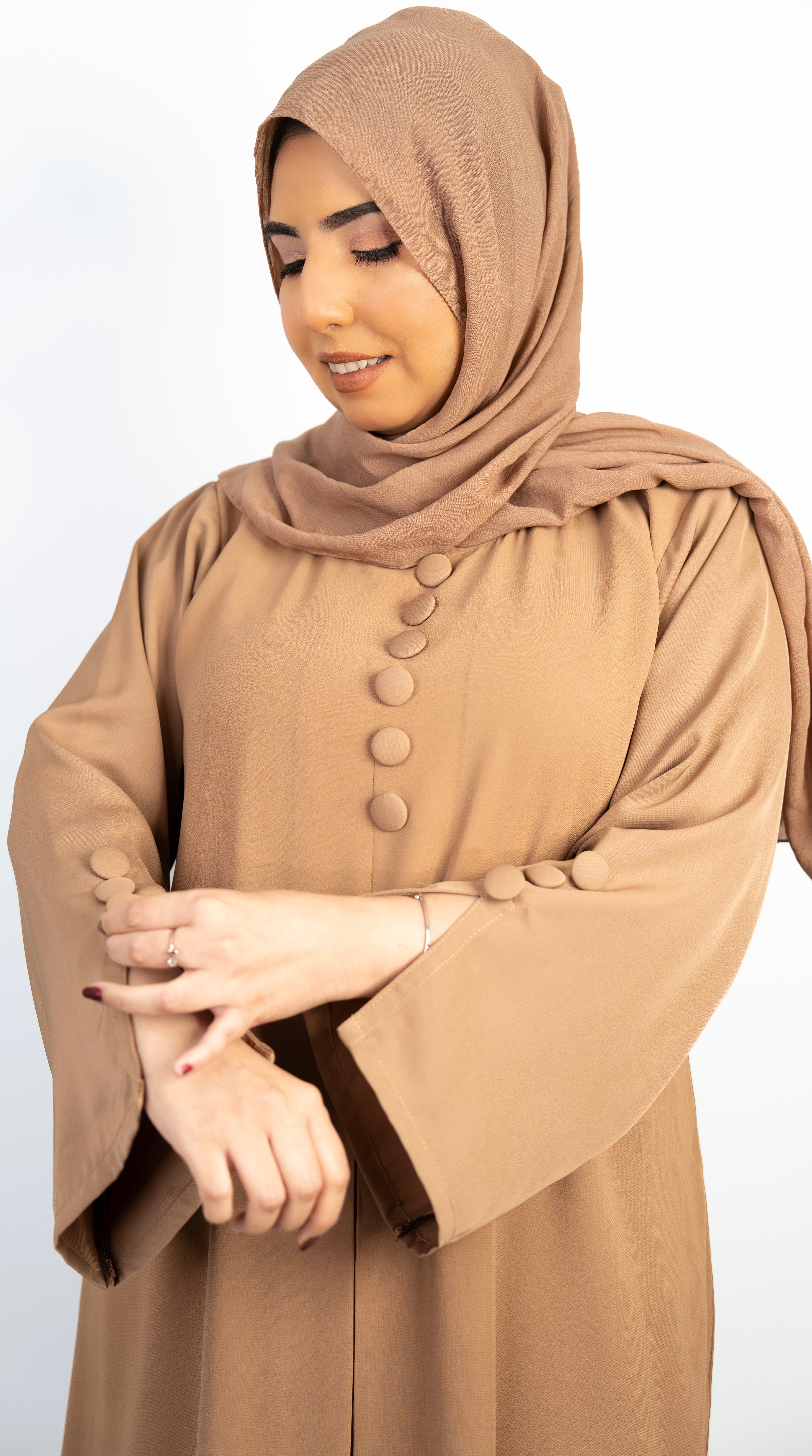Tan Double Layer Large Button Abaya
