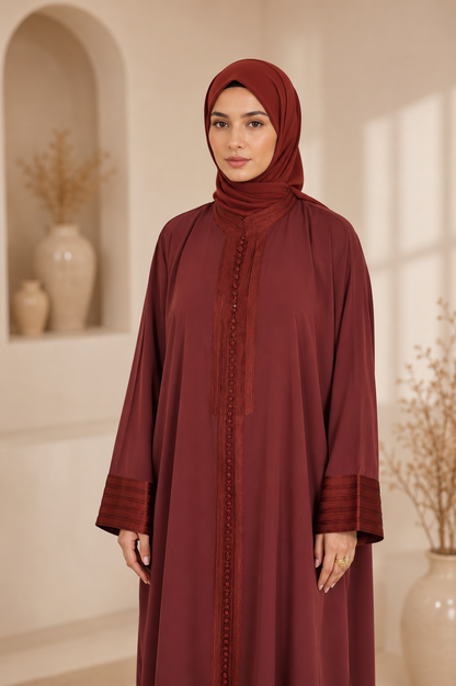 Terracotta Wine Moroccan Kaftan Style Abaya Dress in Poka Fabric