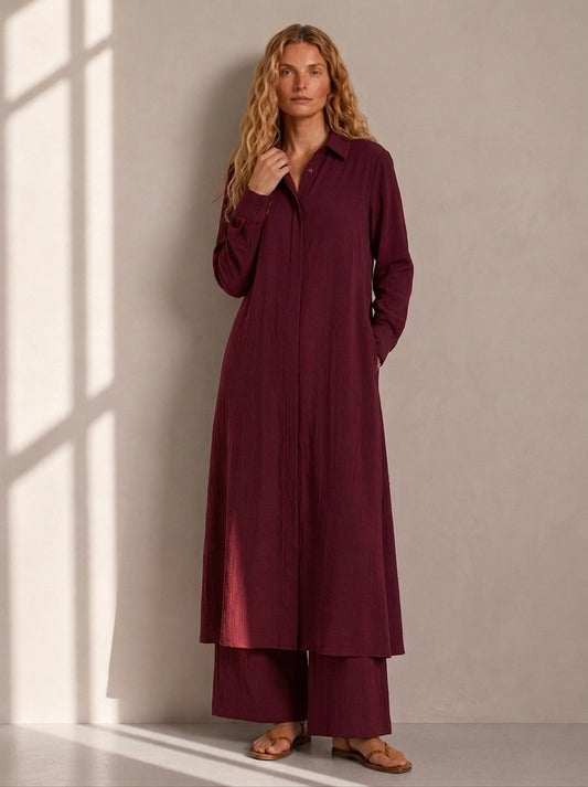 Burgundy Cey Fabric Long Shirt & Wide-Leg Pants Co-Ord