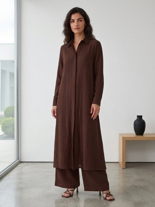 Coffee Cey Fabric Long Shirt & Wide-Leg Pants Co-Ord