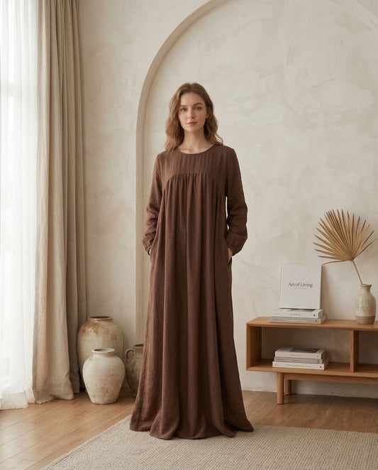 Coffee Brown Maxi Dress with Pockets