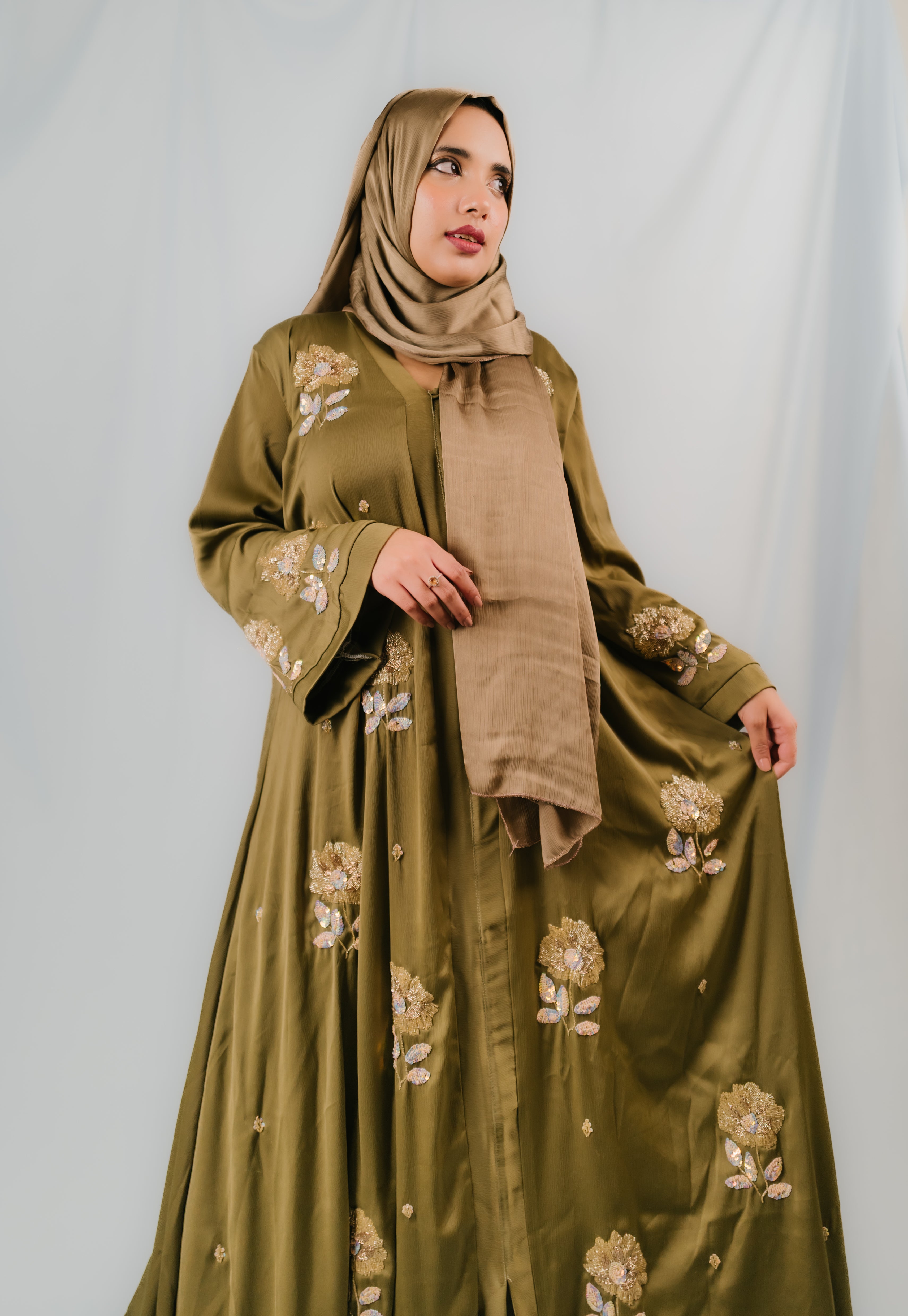 Olive Green Karchupi Umbrella Abaya