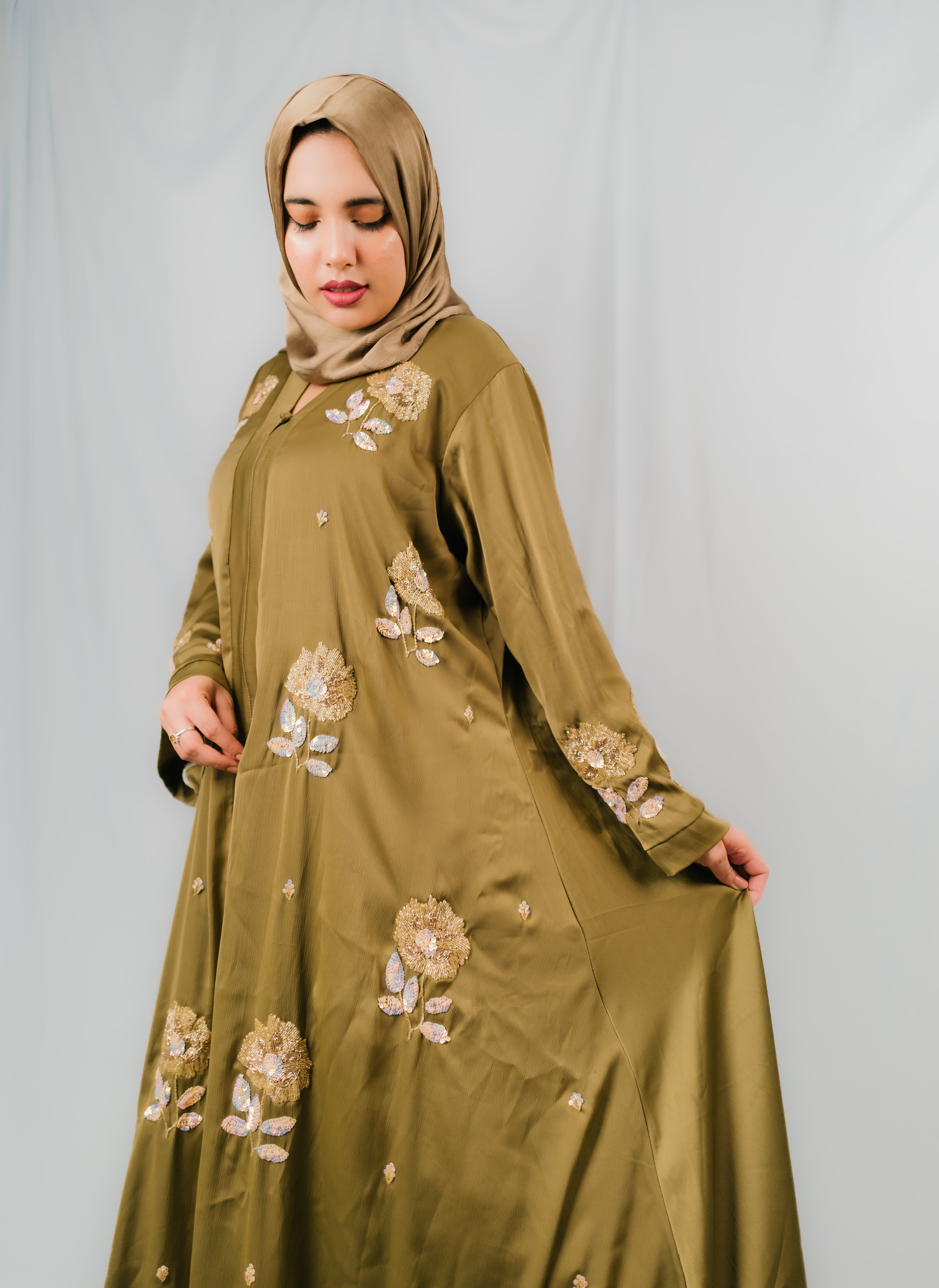 Olive Green Karchupi Umbrella Abaya