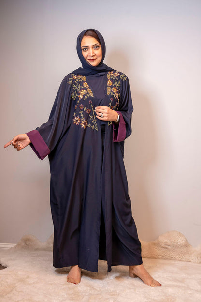 Navy Exquisite Handwork Abaya with Matching Inner and Hijab (Poka Fabric)