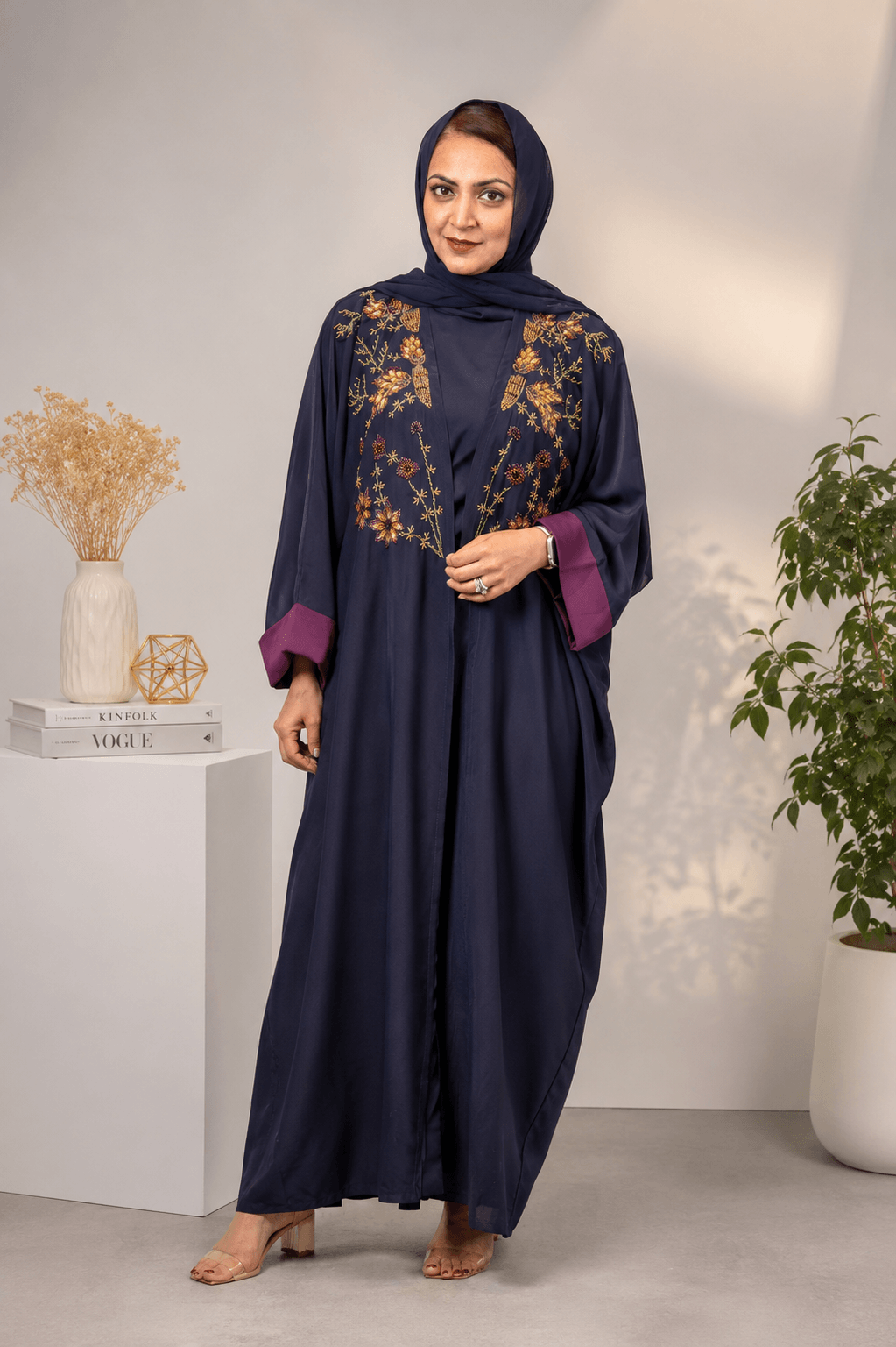 Navy Exquisite Handwork Abaya with Matching Inner and Hijab (Poka Fabric)