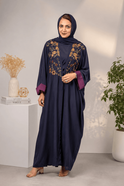 Navy Exquisite Handwork Abaya with Matching Inner and Hijab (Poka Fabric)