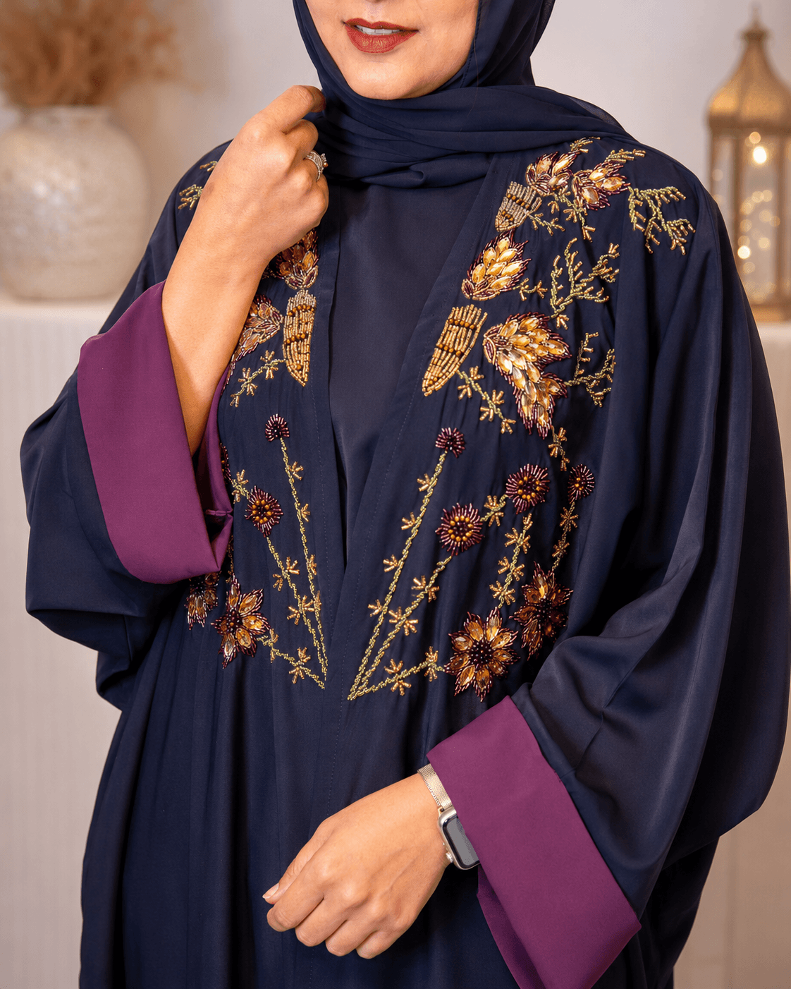 Navy Exquisite Handwork Abaya with Matching Inner and Hijab (Poka Fabric)