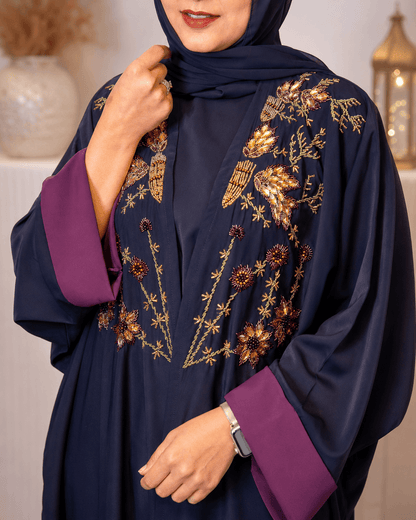 Navy Exquisite Handwork Abaya with Matching Inner and Hijab (Poka Fabric)