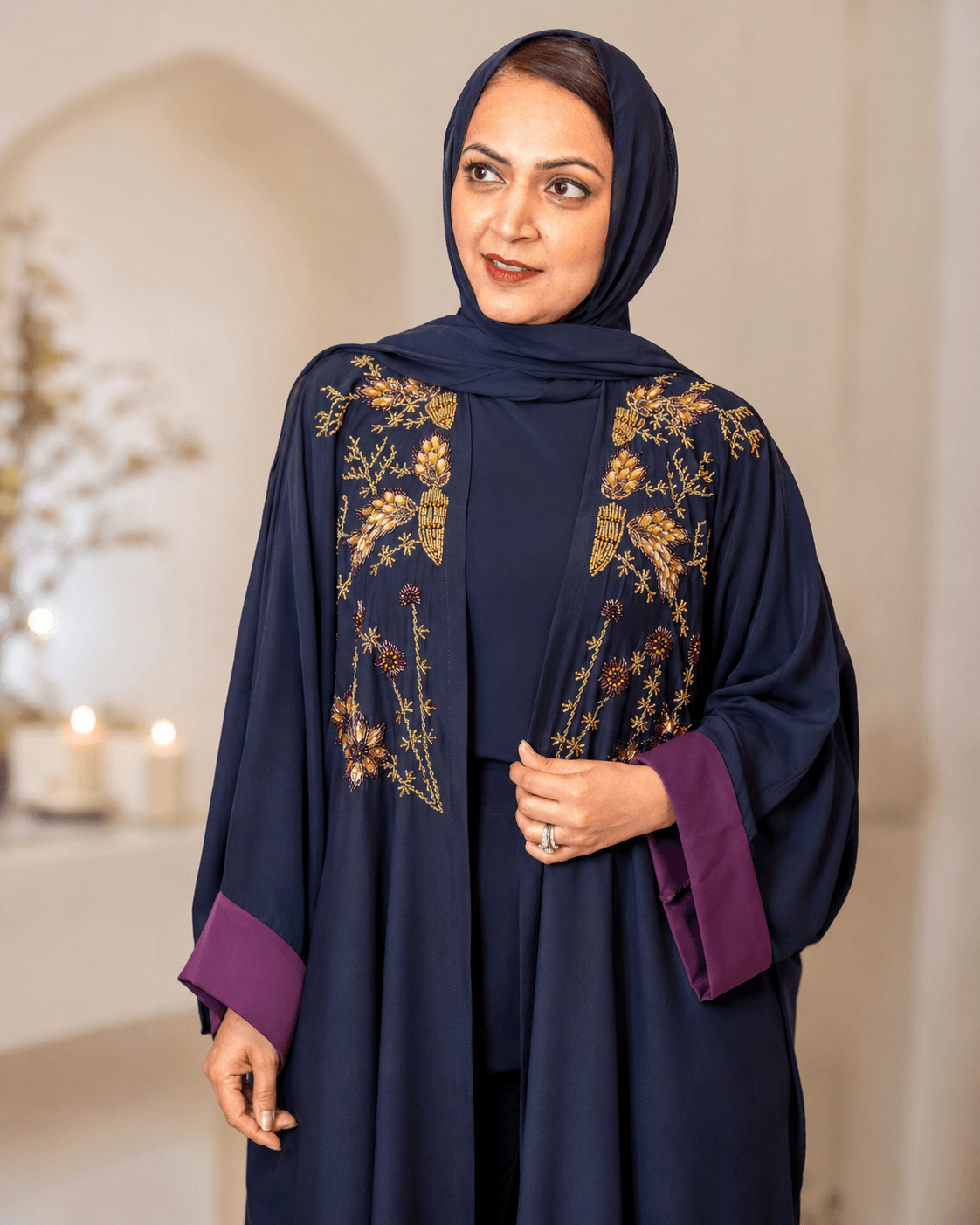 Navy Exquisite Handwork Abaya with Matching Inner and Hijab (Poka Fabric)