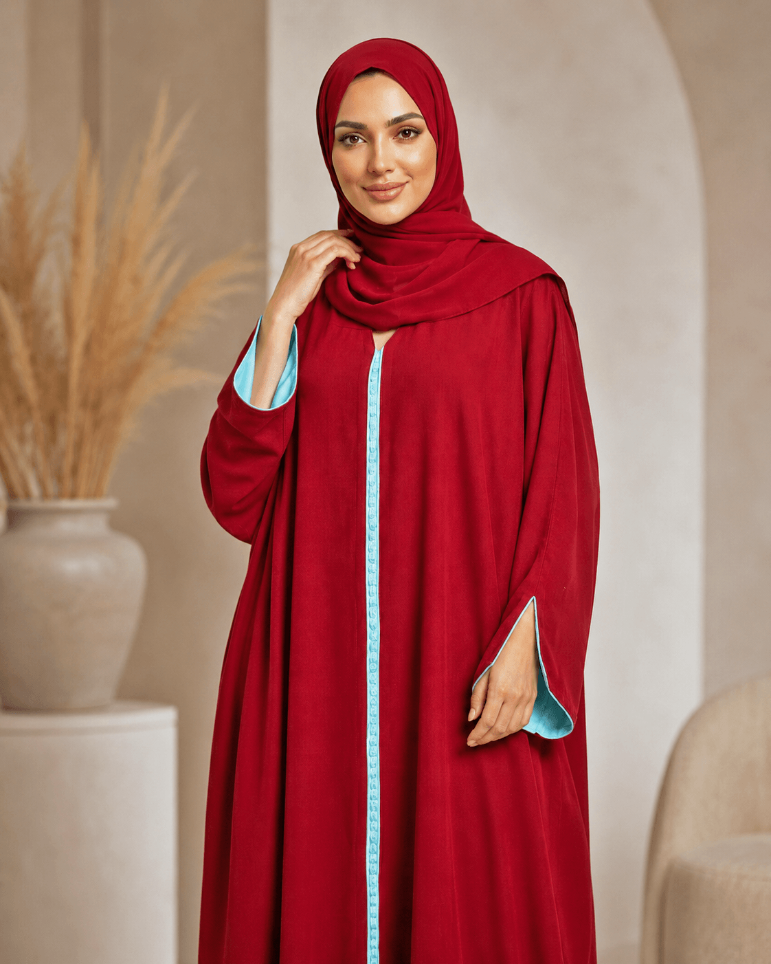 Red Maroon Moroccan Kaftan Style Abaya Drress with Sky Blue Lining in Poka Fabric
