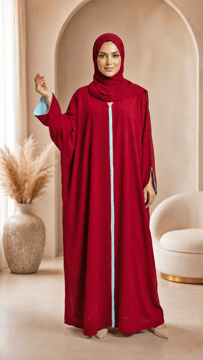 Red Maroon Moroccan Kaftan Style Abaya Drress with Sky Blue Lining in Poka Fabric