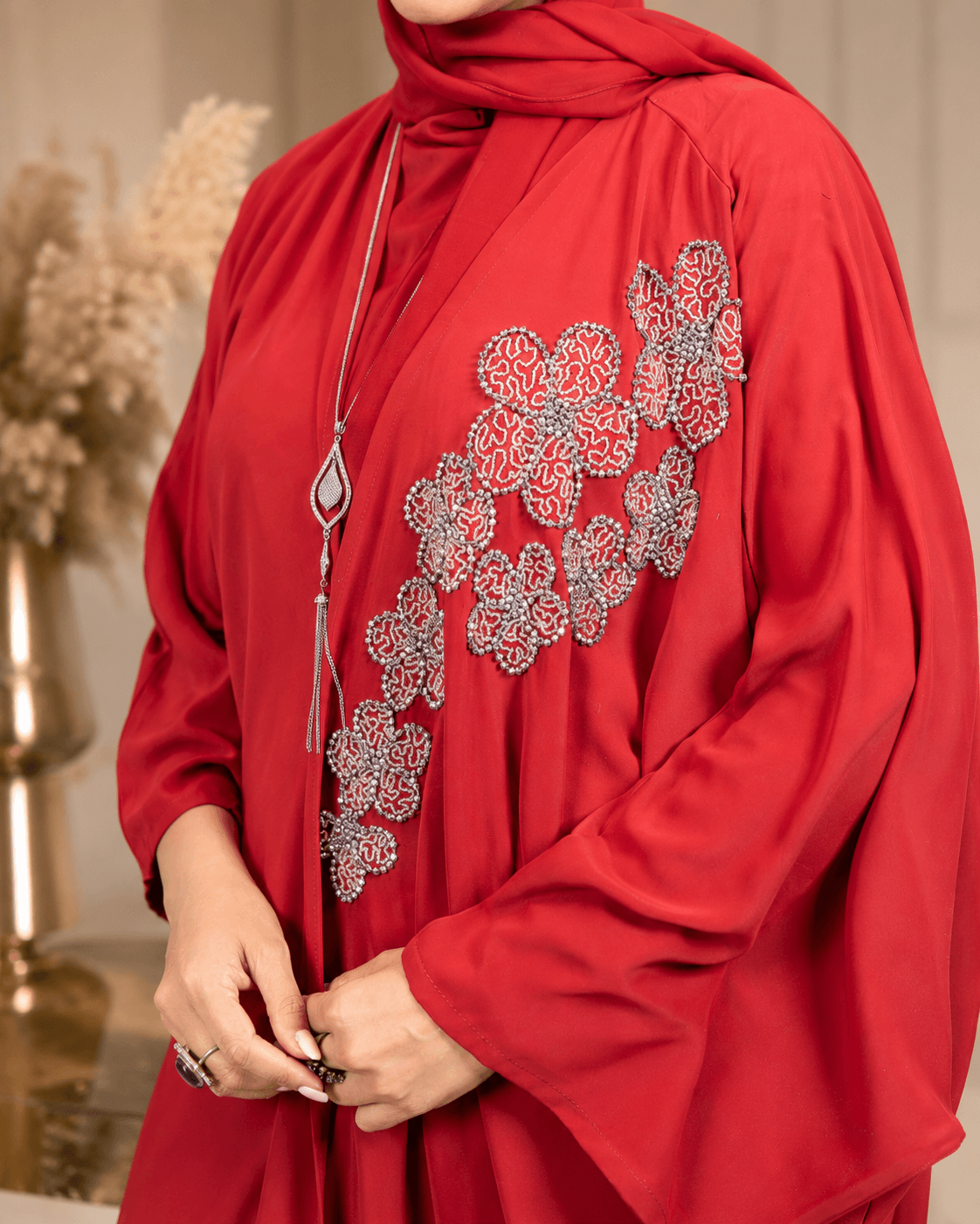 Red Beaded Work Abaya With Top and Pant in Poka Fabric. Comes with Matching Hijab