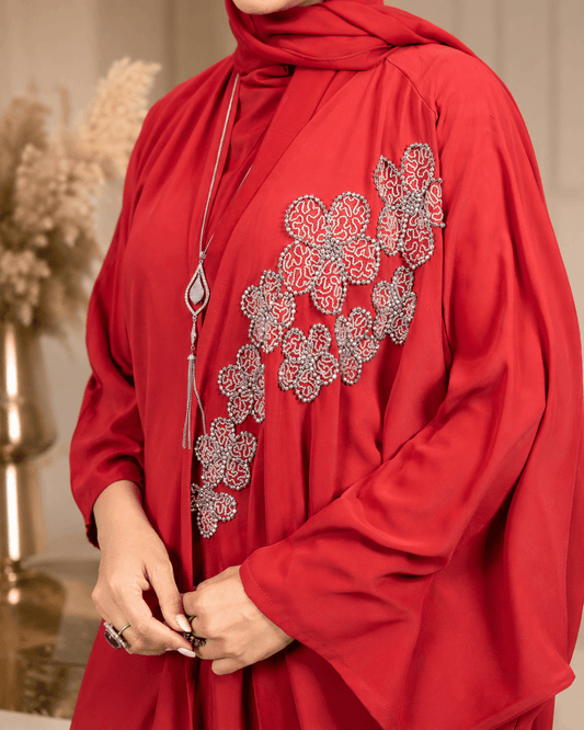 Red Beaded Work Abaya With Top and Pant in Poka Fabric. Comes with Matching Hijab
