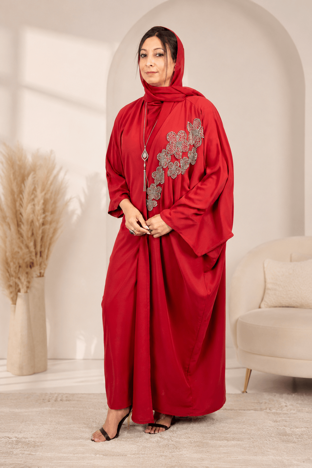 Red Beaded Work Abaya With Top and Pant in Poka Fabric. Comes with Matching Hijab